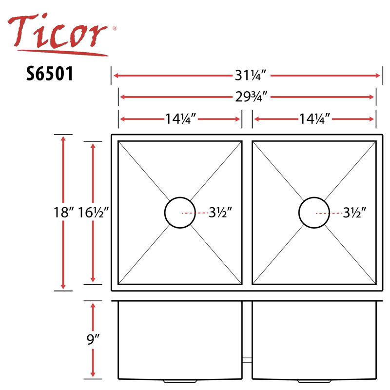 Ticor Sinks Pacific Series 18'' W Double Bowl Stainless Steel